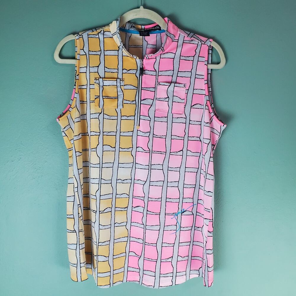 Jamie Sadock Womens Colorblock Grid Print Sleeveless Golf Polo Size Top Large